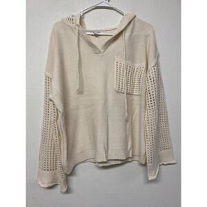 She Sky Woman’s Cream Open Knit Sweater Hoodie Size Medium Beachy Airy Crochet